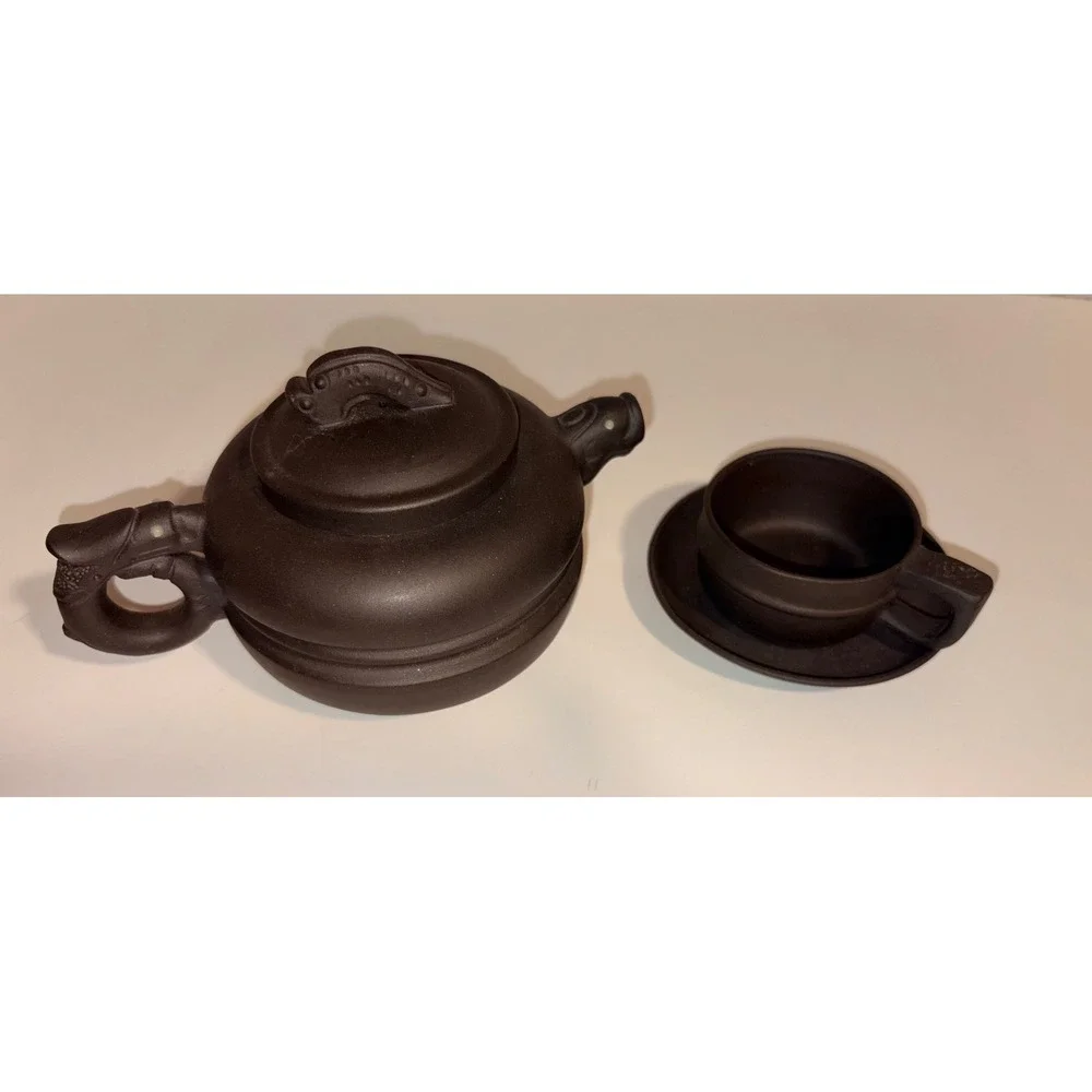 Vintage Chinese Yixing‎ Zisha Clay Teapot Set Cup and Saucer Brown Dragon Art